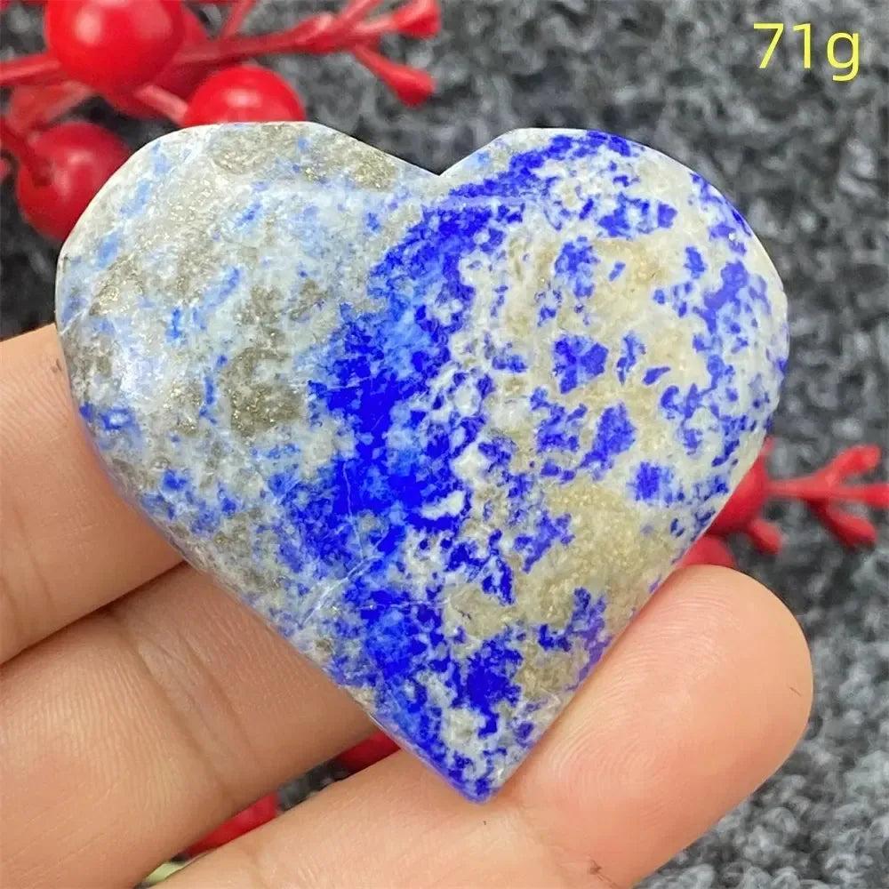 Hand-polished Lapis Lazuli Crystal Heart, deep royal blue with golden pyrite flecks, enhancing intuition and truth.