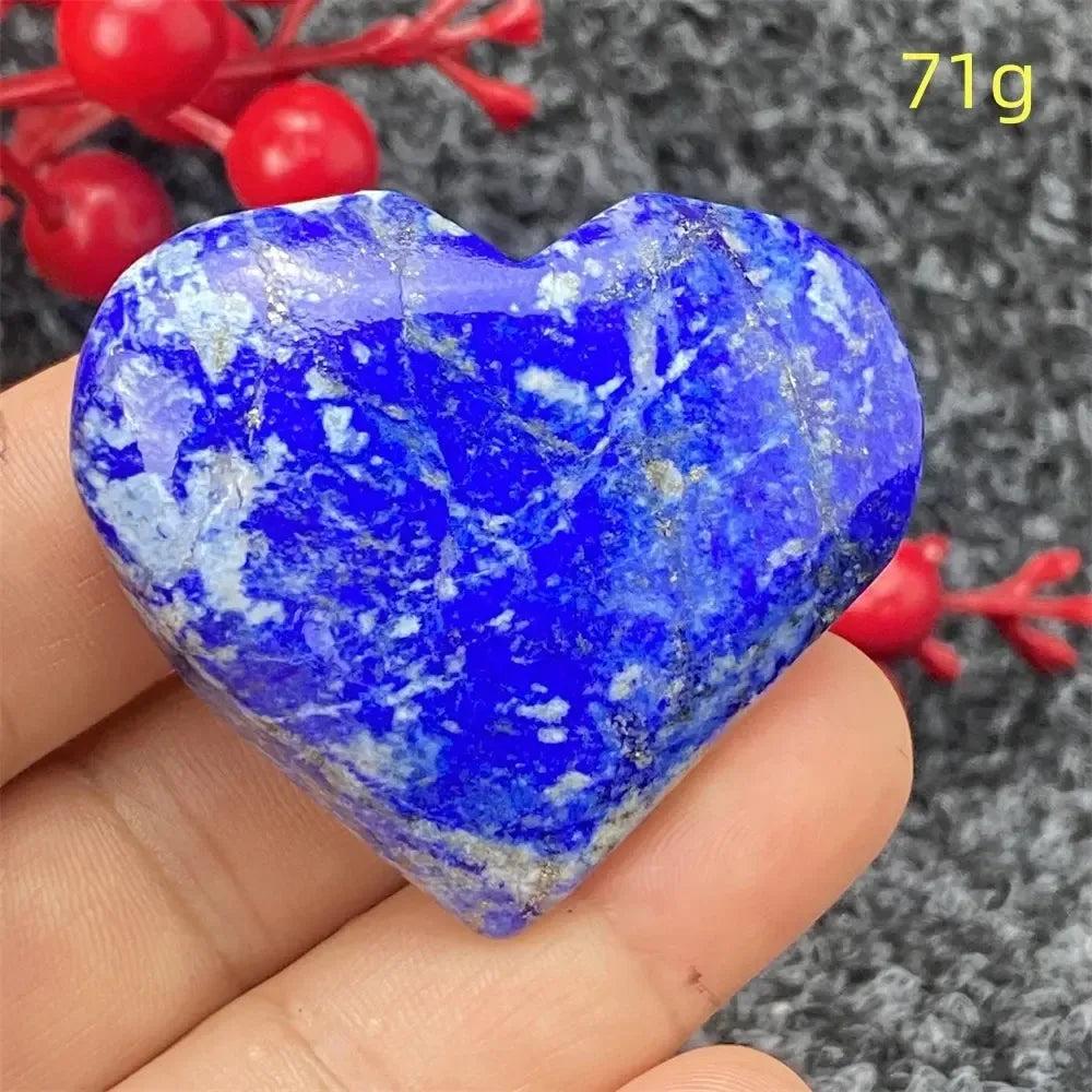 Hand-polished Lapis Lazuli Crystal Heart, deep royal blue with golden pyrite flecks, enhancing intuition and truth.