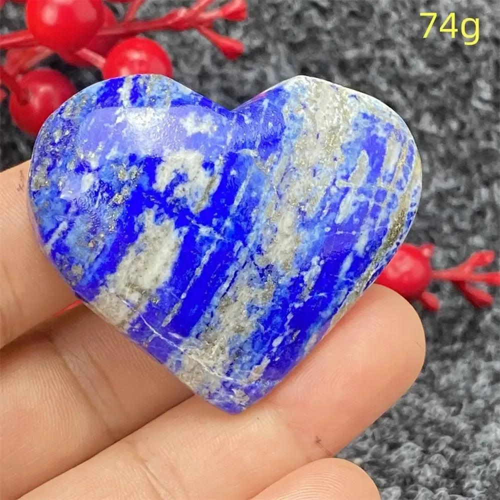 Lapis Lazuli Crystal Heart: Deep royal blue, hand-polished heart with golden pyrite flecks, 74g, for intuition and wisdom.