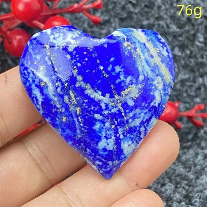 Lapis Lazuli Crystal Heart: Deep royal blue, hand-polished heart with golden pyrite flecks, radiating ancient wisdom.