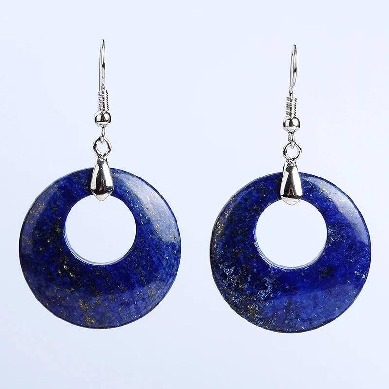 Lapis Lazuli Crystal Hollow Round Drop Dangle Earrings: Deep blue with gold pyrite, supporting truth and intuition.