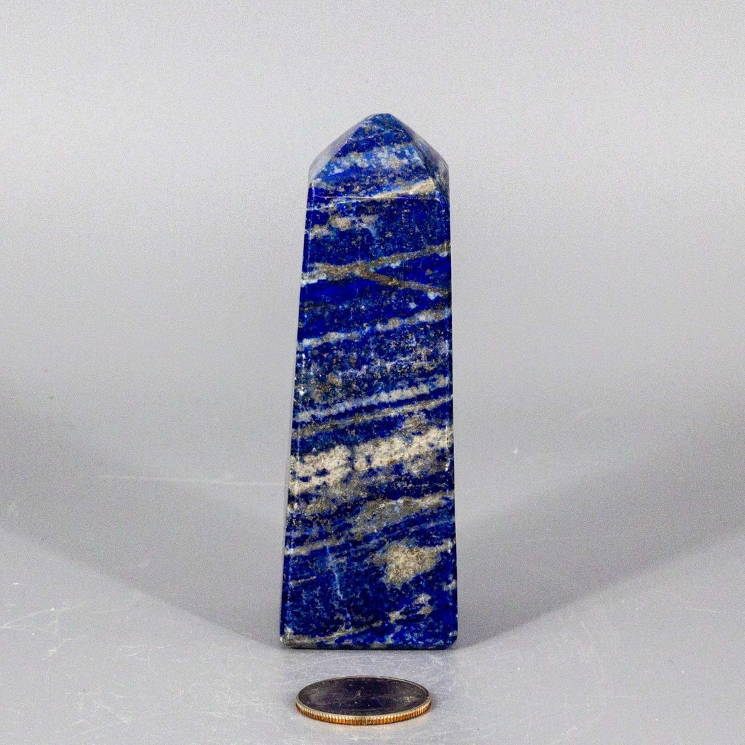 Lapis Lazuli Obelisk Tower, 4-inch deep celestial blue wisdom stone with gold pyrite flecks and white veining.