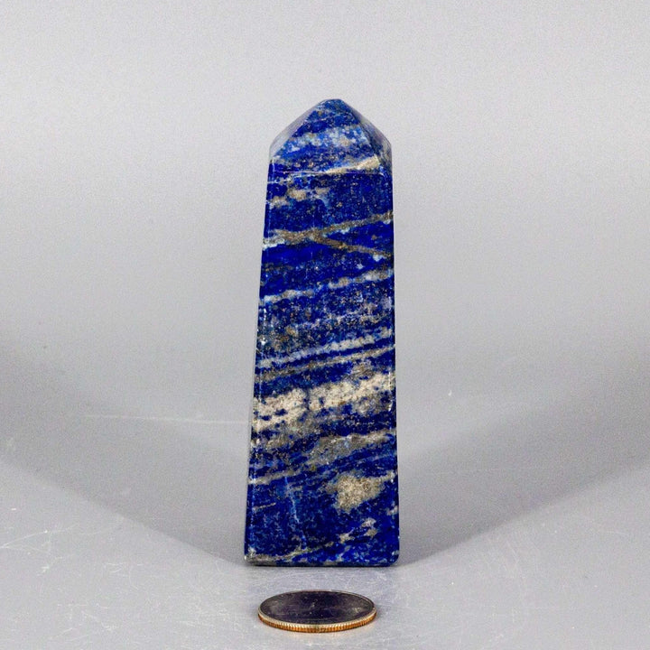 Lapis Lazuli Obelisk Tower, 4-inch deep celestial blue wisdom stone with gold pyrite flecks and white veining.
