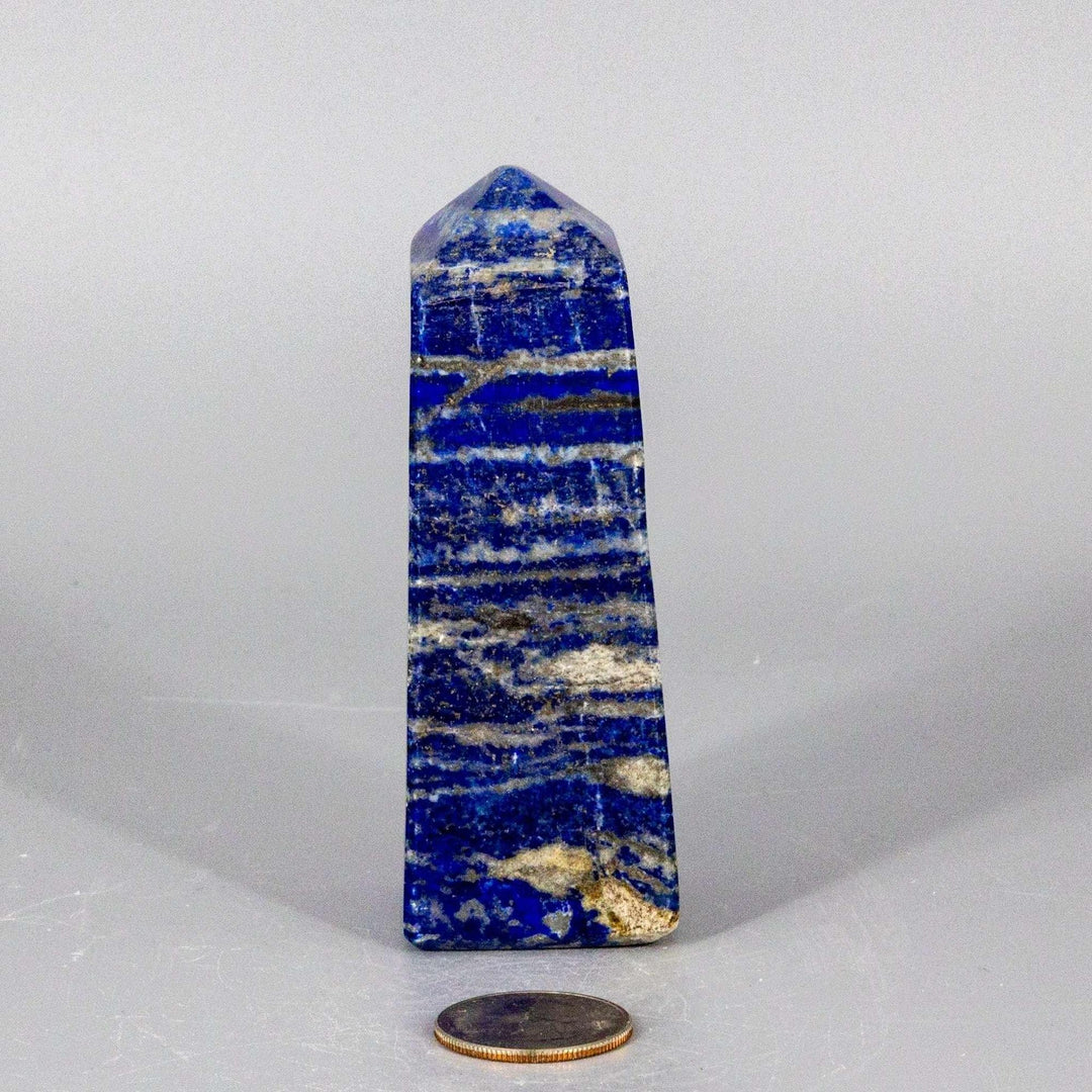 Lapis Lazuli Obelisk Tower, 4-inch deep celestial blue wisdom stone with gold pyrite flecks and white veining.