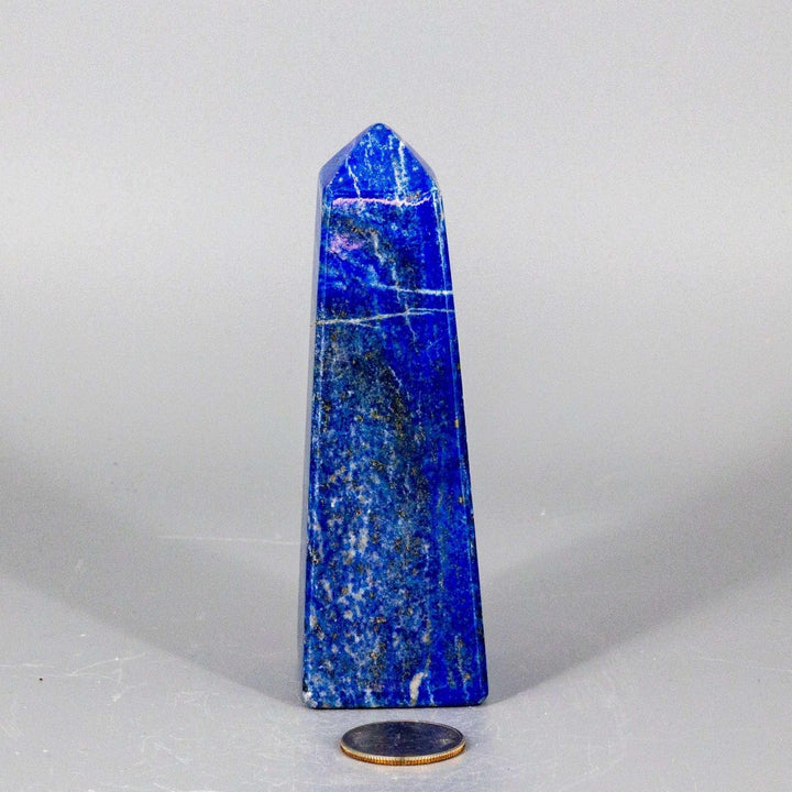 Lapis Lazuli Obelisk Tower, 5.5-inch deep celestial blue crystal with gold pyrite flecks, commanding presence.