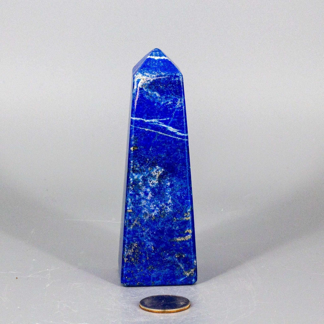 Stunning Lapis Lazuli Obelisk Tower, 5.5 inch, deep celestial blue with gold pyrite flecks and white veining.