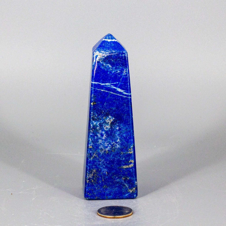 Stunning Lapis Lazuli Obelisk Tower, 5.5 inch, deep celestial blue with gold pyrite flecks and white veining.