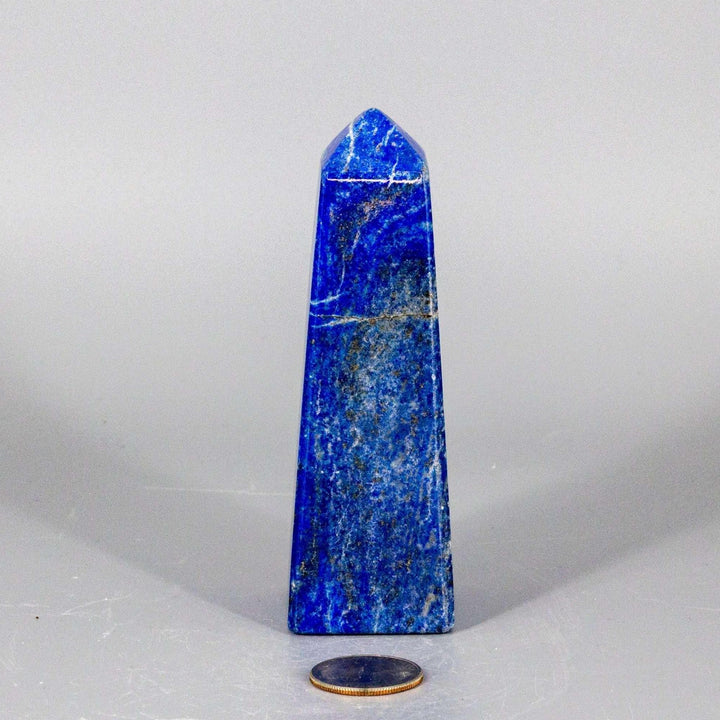 Lapis Lazuli Obelisk Tower, 5.5 inch, deep celestial blue with gold pyrite flecks, commanding presence.