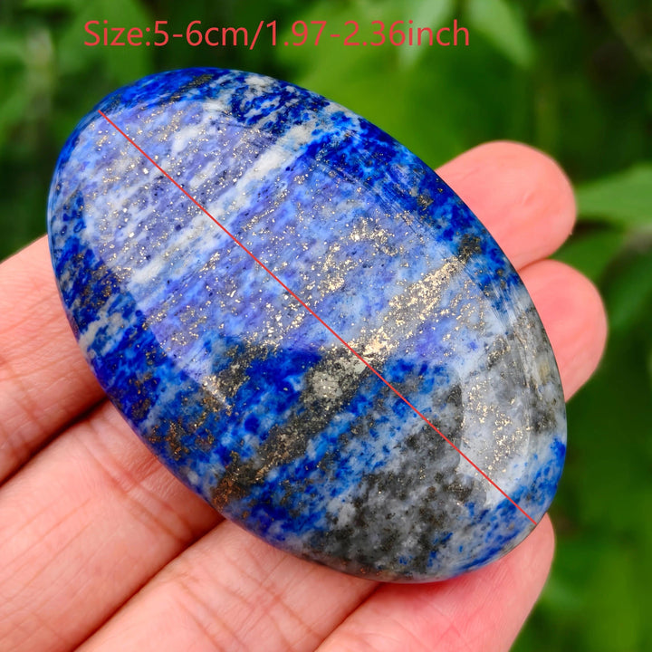 Lapis Lazuli Crystal Palm Stone with deep blue hues and golden pyrite flecks for Third Eye Chakra healing