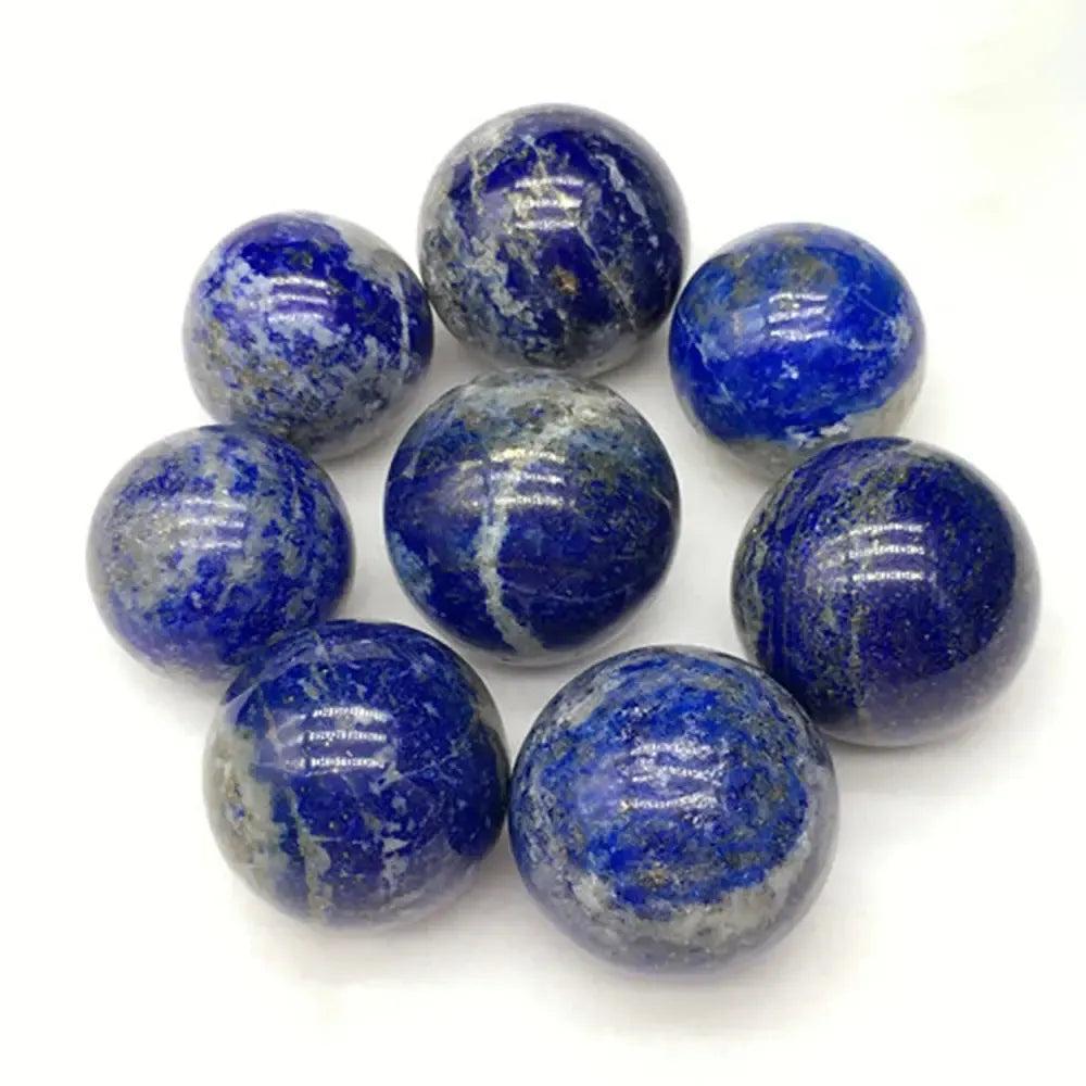 Polished Lapis Lazuli Crystal Spheres, deep celestial blue with golden pyrite and white calcite, radiating wisdom.