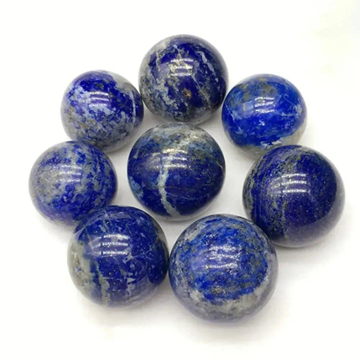Polished Lapis Lazuli Crystal Spheres, deep celestial blue with golden pyrite and white calcite, radiating wisdom.