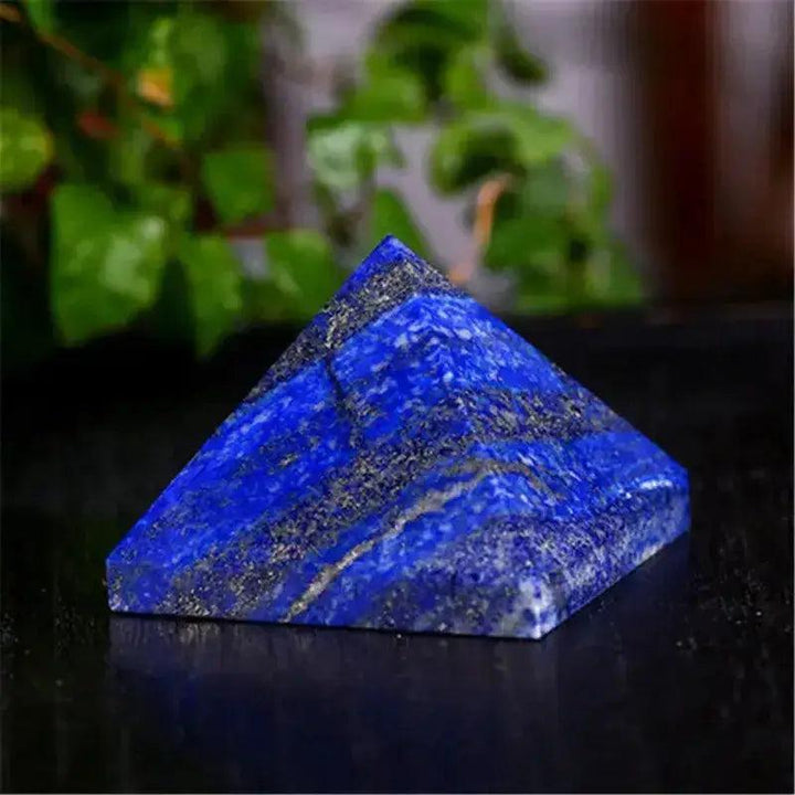 Natural Lapis Lazuli Crystal Pyramid, deep royal blue with golden pyrite inclusions, promoting divine wisdom.