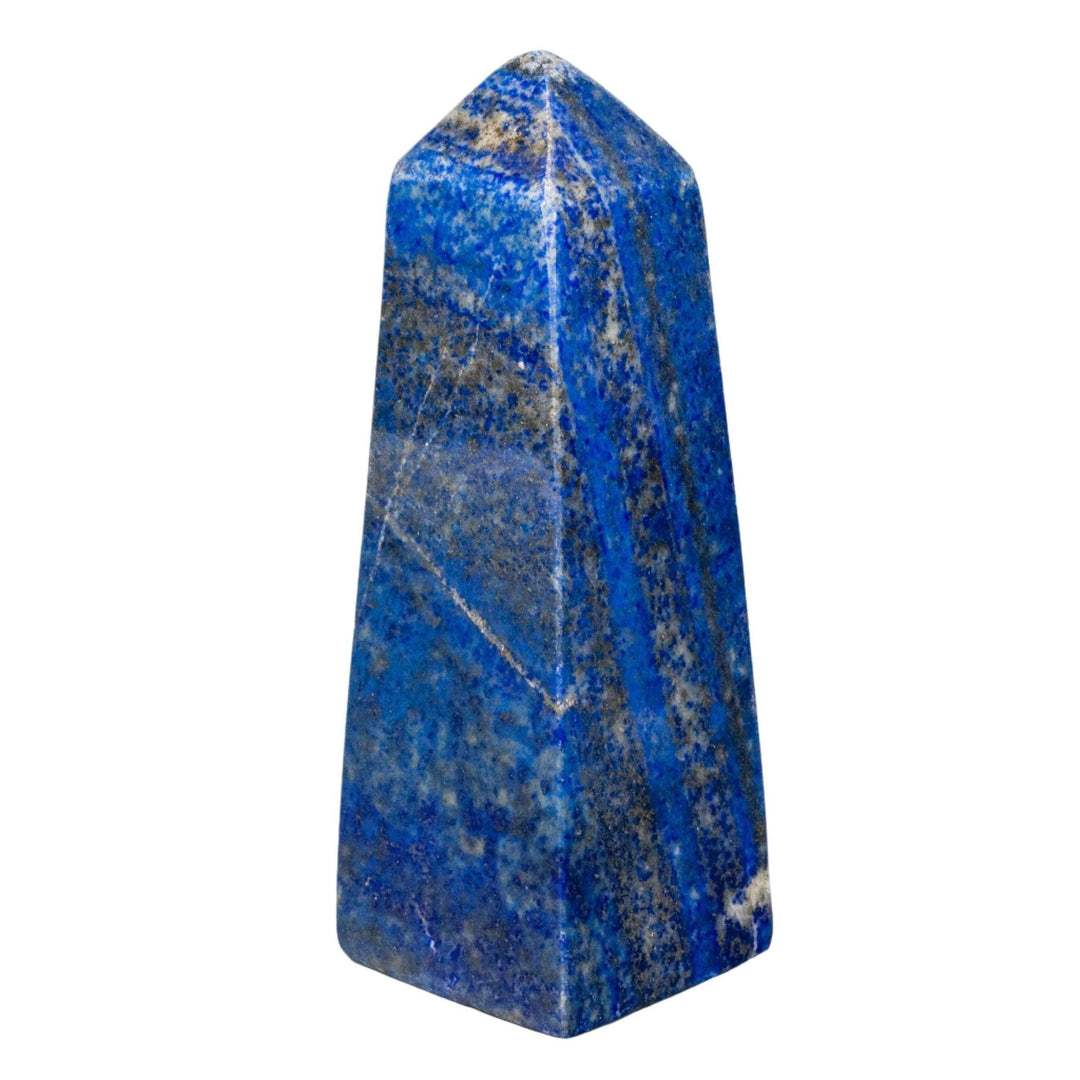 Large Lapis Lazuli Obelisk Tower, deep celestial blue with gold pyrite flecks, polished to enhance wisdom.