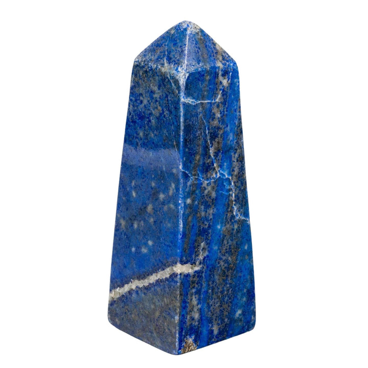 Large Lapis Lazuli Obelisk Tower, deep celestial blue with gold pyrite flecks, polished to enhance wisdom.