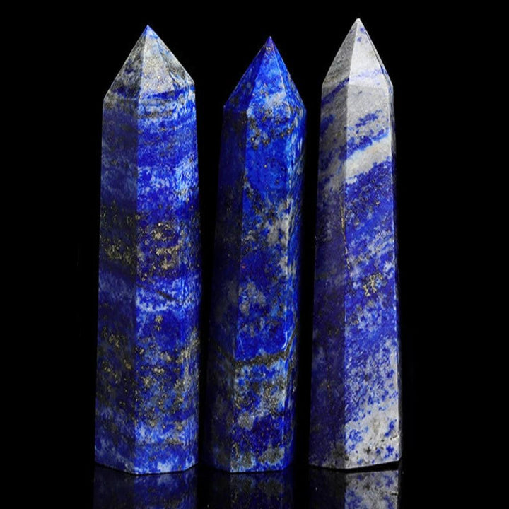 Three polished Lapis Lazuli Crystal Towers, deep midnight blue with gold pyrite and white calcite flecks.