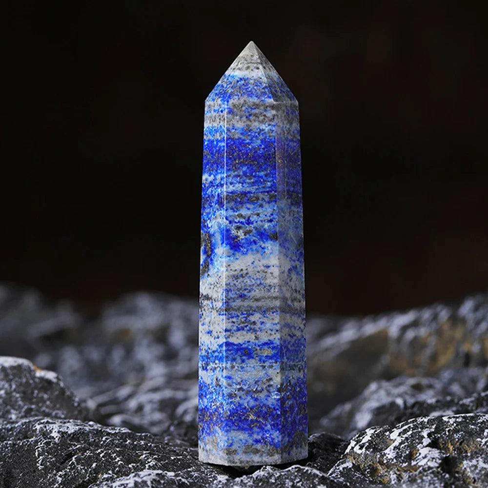 Polished Lapis Lazuli Crystal Tower, deep midnight blue with gold pyrite and white calcite, for wisdom and truth.