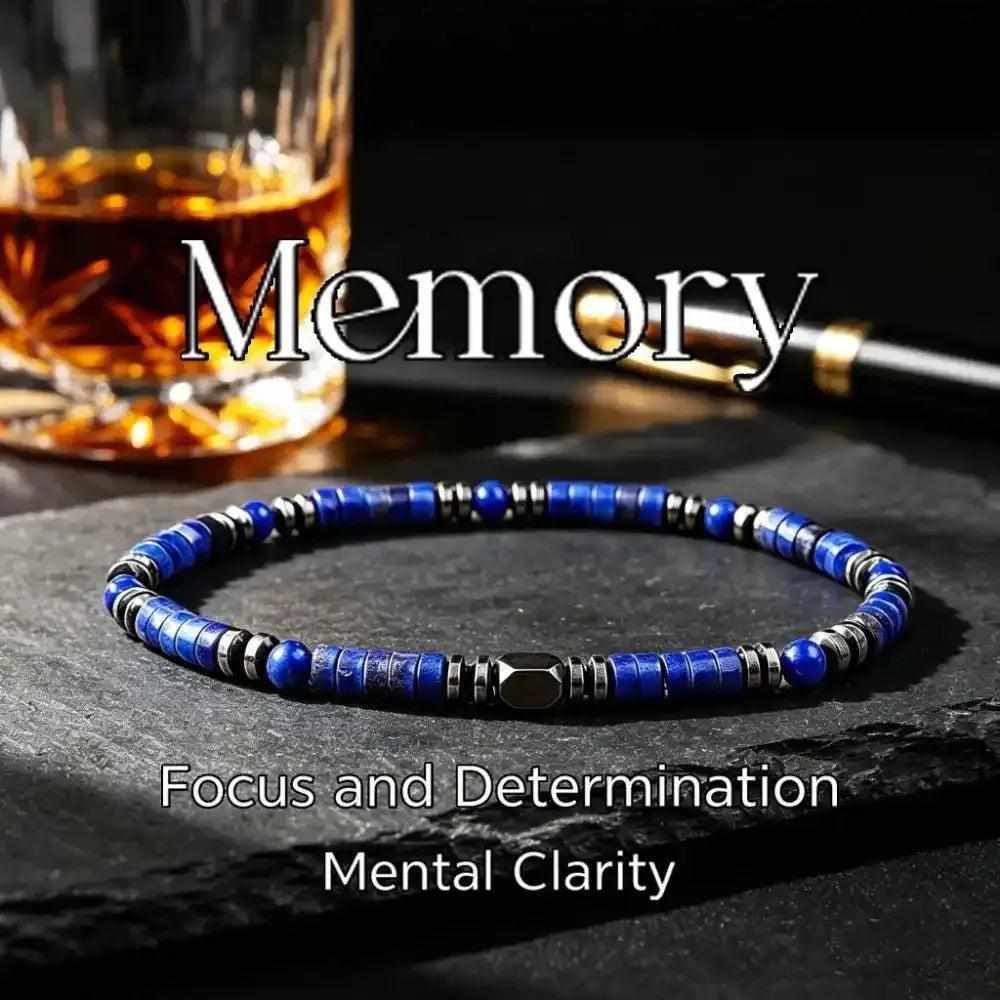 Lapis Lazuli Disc Bead Stretch Bracelet with dark metallic spacers for wisdom, mental clarity, and throat chakra balance.