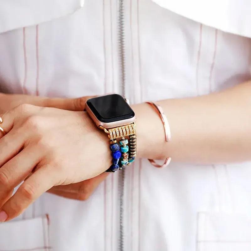 Lapis Lazuli Jasper Beaded Apple iWatch Band with celestial blue and earthy jasper beads for wisdom and grounding.