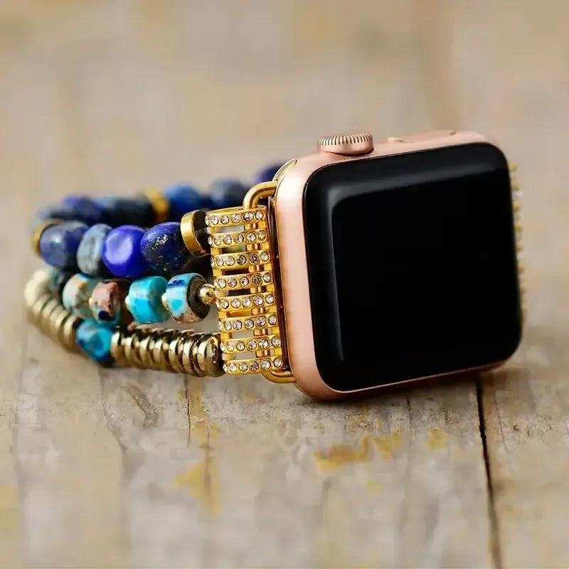 Lapis Lazuli Jasper Beaded Apple iWatch Band with celestial blue and earthy jasper beads, gold connectors.