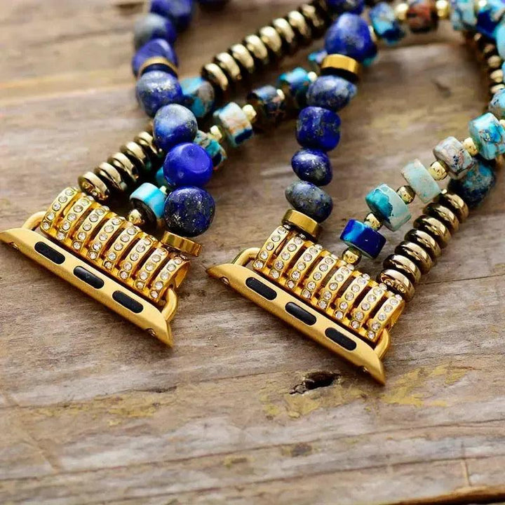 Lapis Lazuli Jasper Beaded Apple iWatch Band with celestial blue and earthy jasper beads, gold connectors.