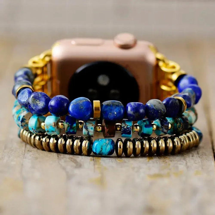 Lapis Lazuli Jasper Beaded Apple iWatch Band with celestial blue lapis and earthy jasper beads, gold accents, and rose gold watch.