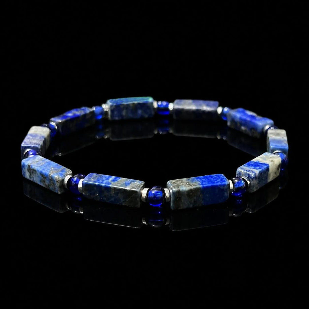 Lapis Lazuli square bead bracelet on elastic cord, featuring deep blue stones for Throat Chakra wisdom and expression.