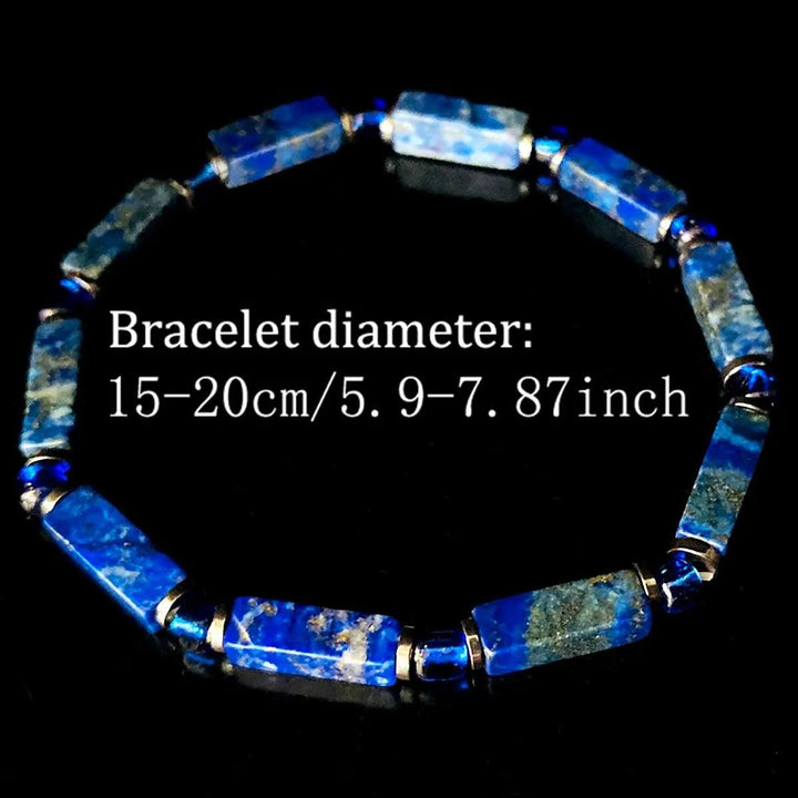 Lapis Lazuli square bead bracelet on elastic cord, featuring deep blue stones for Throat Chakra wisdom and thoughtful speech.