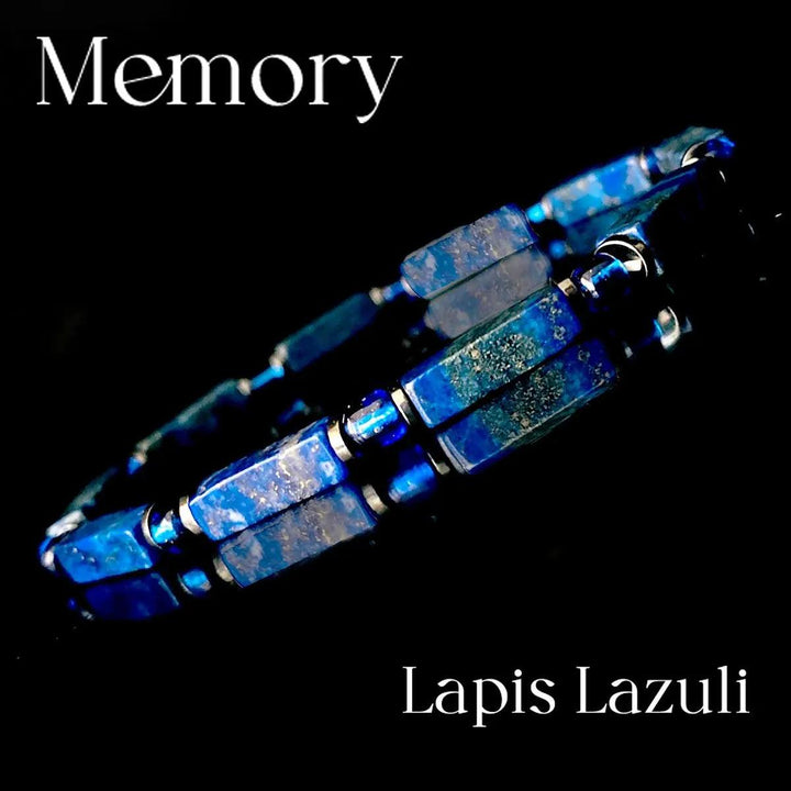 Lapis Lazuli Square Bead Bracelet featuring deep blue geometric stones on an elastic cord for Throat Chakra wisdom.