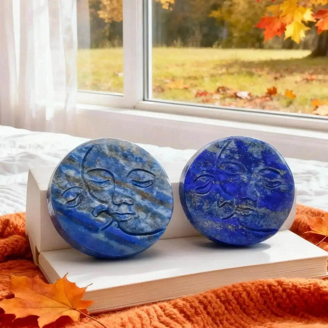 Lapis Lazuli Sun & Moon Face Carving | Hand Carved Stone