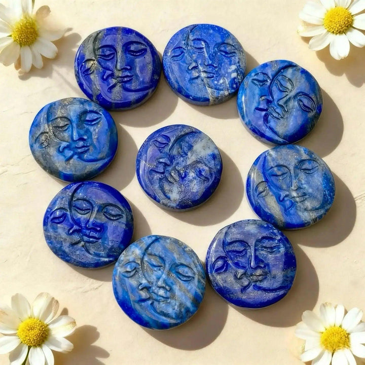 Lapis Lazuli Sun & Moon Face Carving | Hand Carved Stone