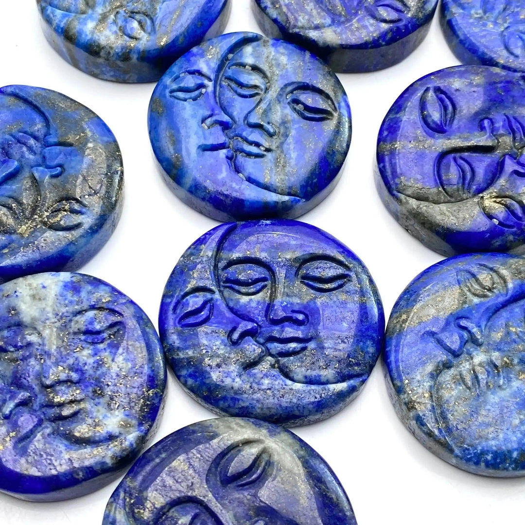 Lapis Lazuli Sun & Moon Face Carving | Hand Carved Stone