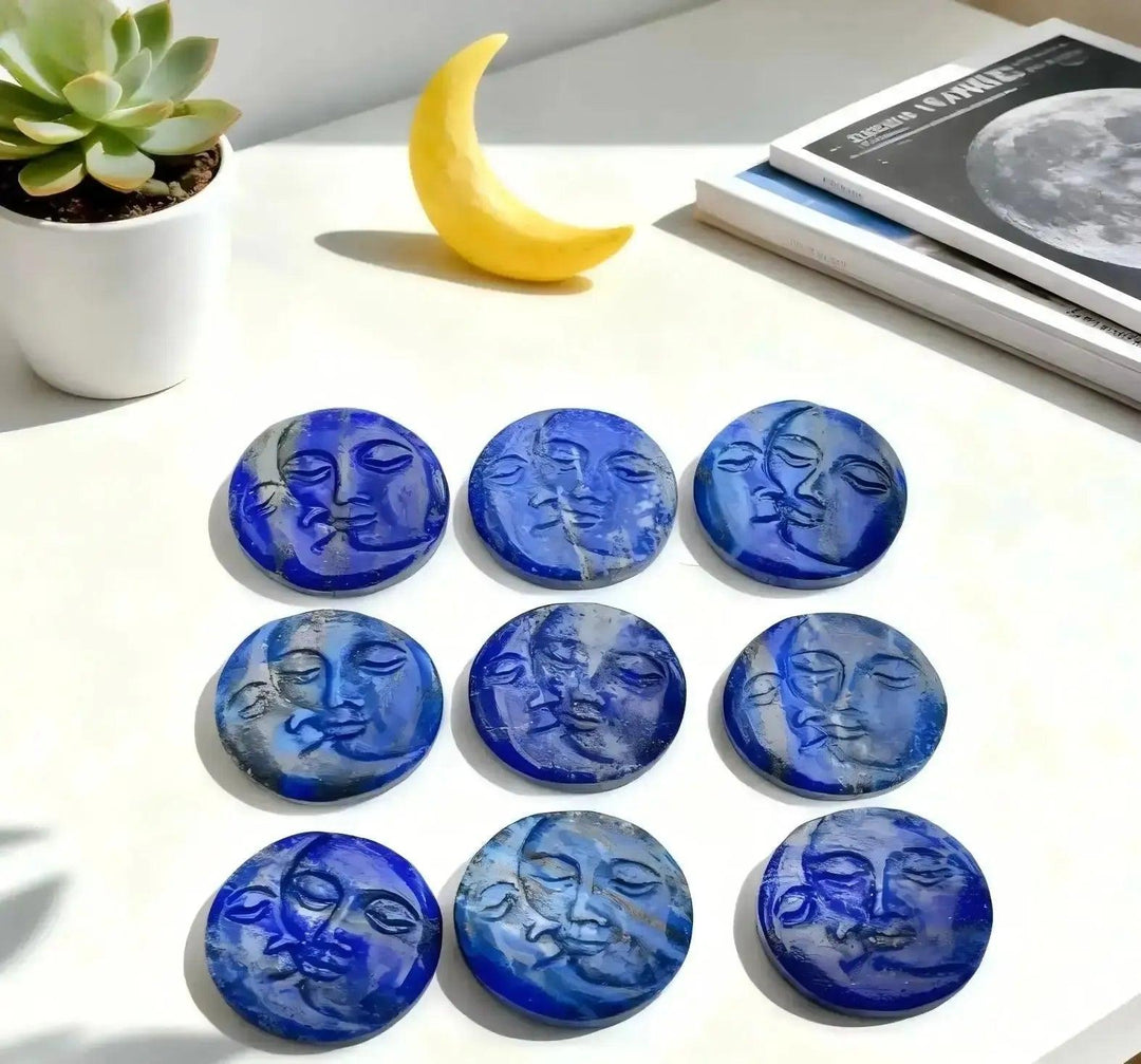 Lapis Lazuli Sun & Moon Face Carving | Hand Carved Stone
