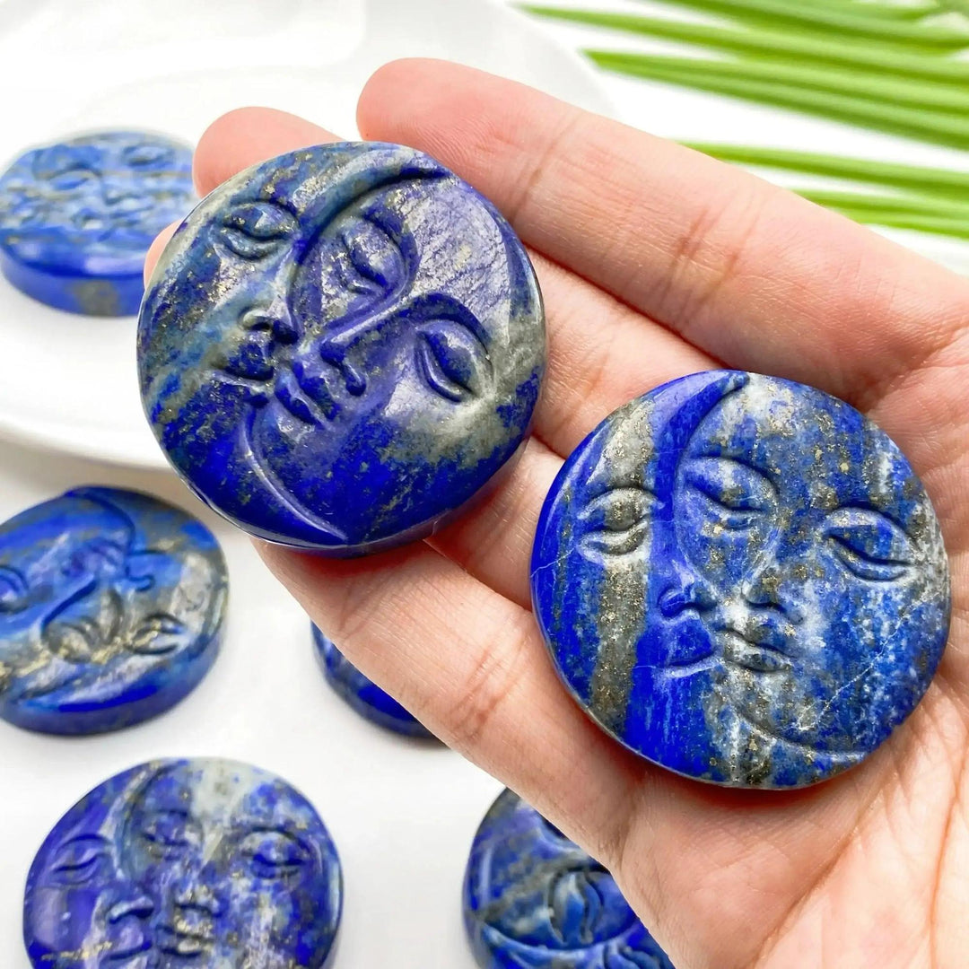 Lapis Lazuli Sun & Moon Face Carving | Hand Carved Stone