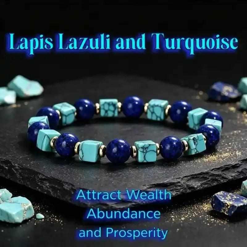 Lapis Lazuli and blue howlite bead bracelet with round deep blue stones, patterned cubes, and gold-tone spacers.