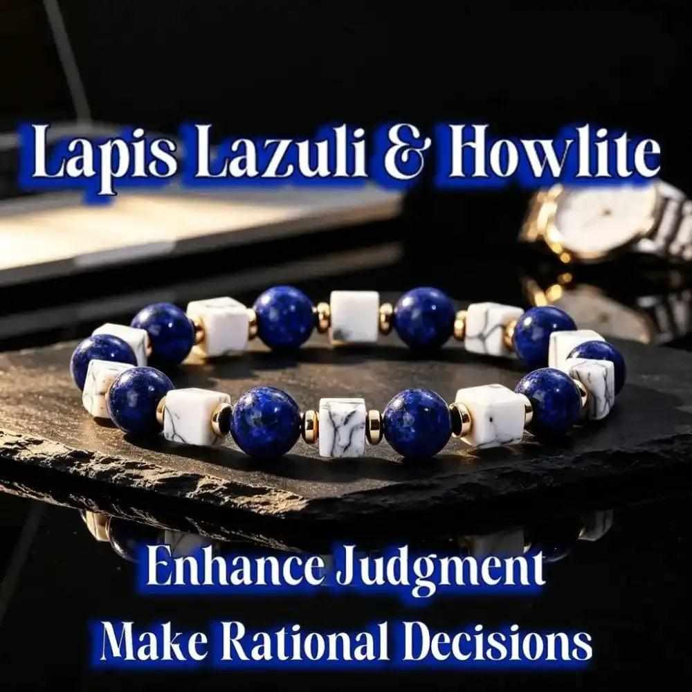 Lapis Lazuli and Howlite bead bracelet featuring deep blue spheres and white cubes with gold-tone spacers for clarity.