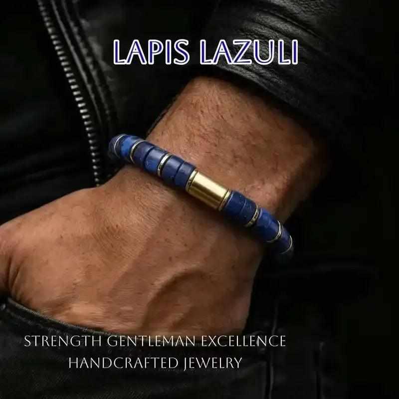 Deep blue Lapis Lazuli disc-bead bracelet with gold-tone accents, 180mm elastic fit for throat chakra balance and style.