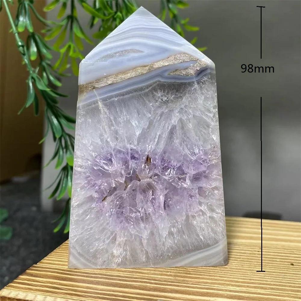 98mm Amethyst geode tower with purple crystal cluster, raw quartz healing stone point for home decor and spiritual energy.