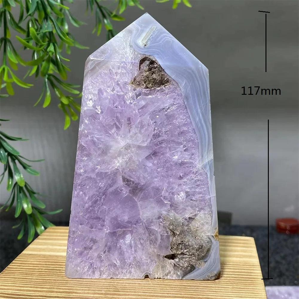 117mm natural amethyst geode tower with purple crystal clusters and banded agate edges for healing home decor.
