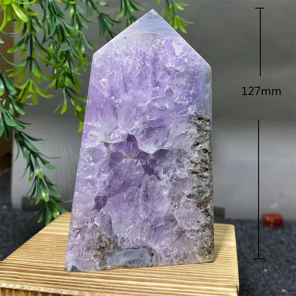 127mm natural amethyst geode tower with deep purple quartz crystals, perfect for healing and home decor.
