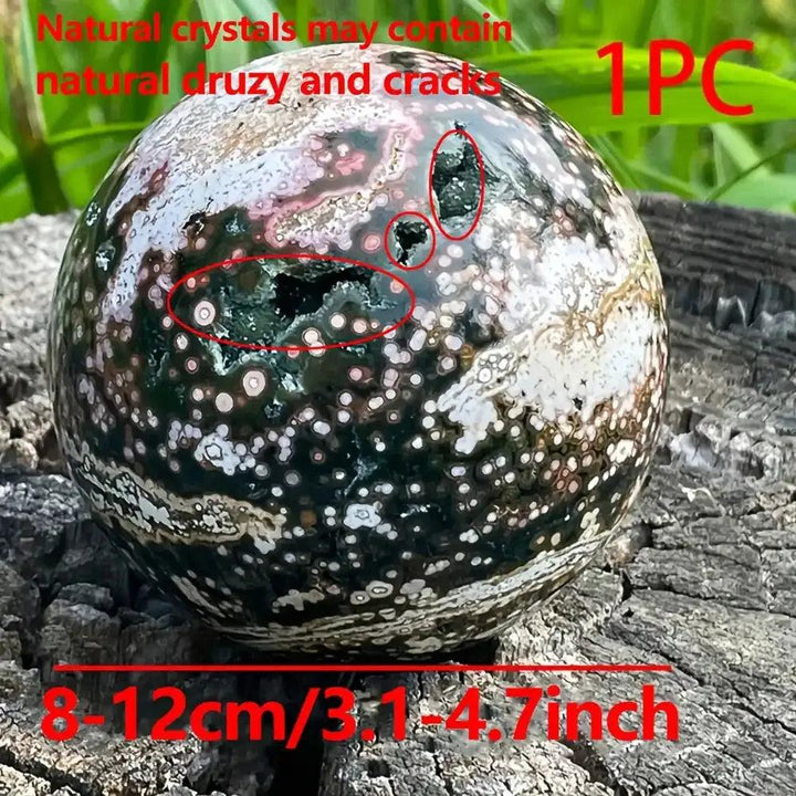 Large Ocean Jasper sphere featuring swirling green, pink, and cream orbs with natural druzy for calm, healing energy.