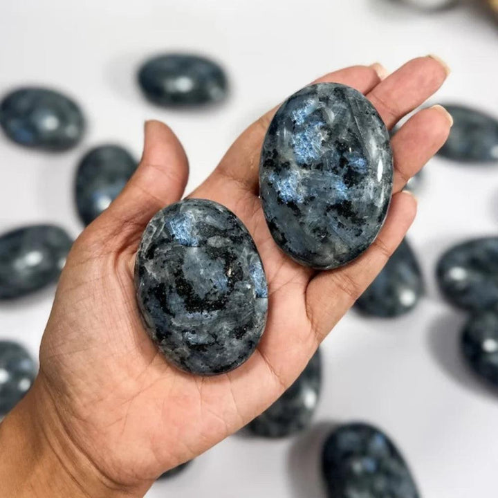 Polished Larvikite Larva Palm Stones with shimmering blue flashes for healing and home decor.