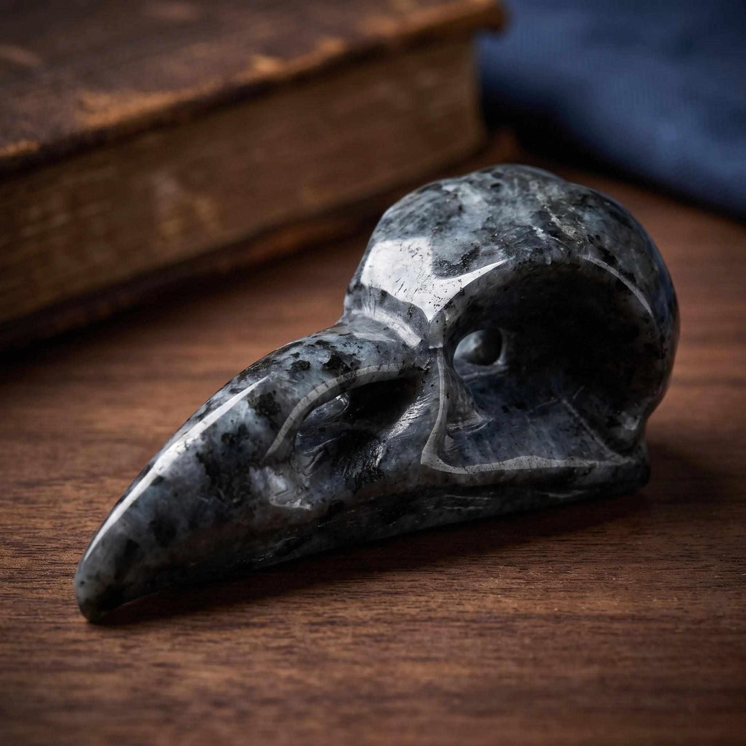 100mm Larvikite raven skull carving with dark gray stone and shimmering blue flashes for grounding and intuition.
