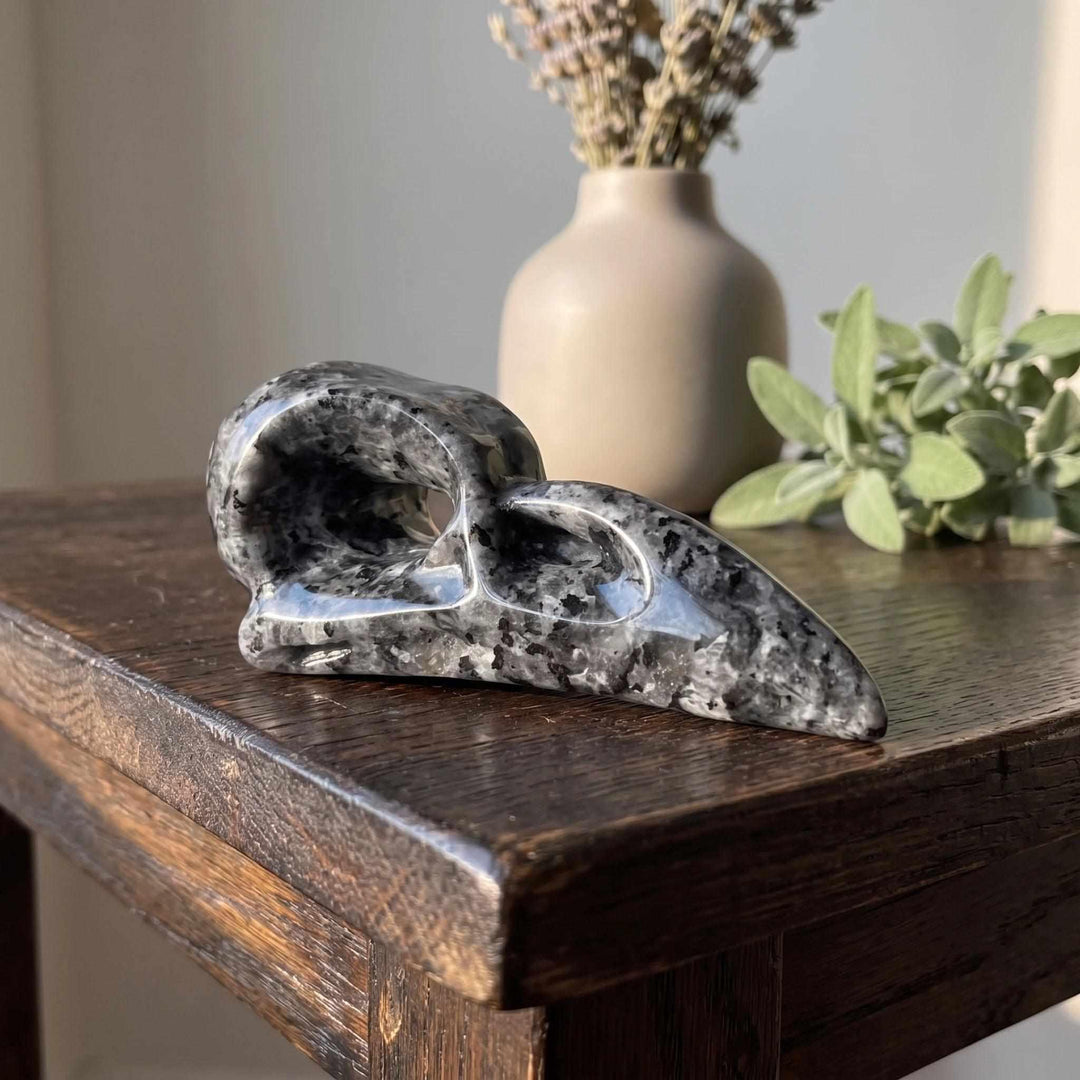 Hand-carved 100mm Larvikite raven skull with dark gray stone and silvery blue flashes for grounding and intuition.
