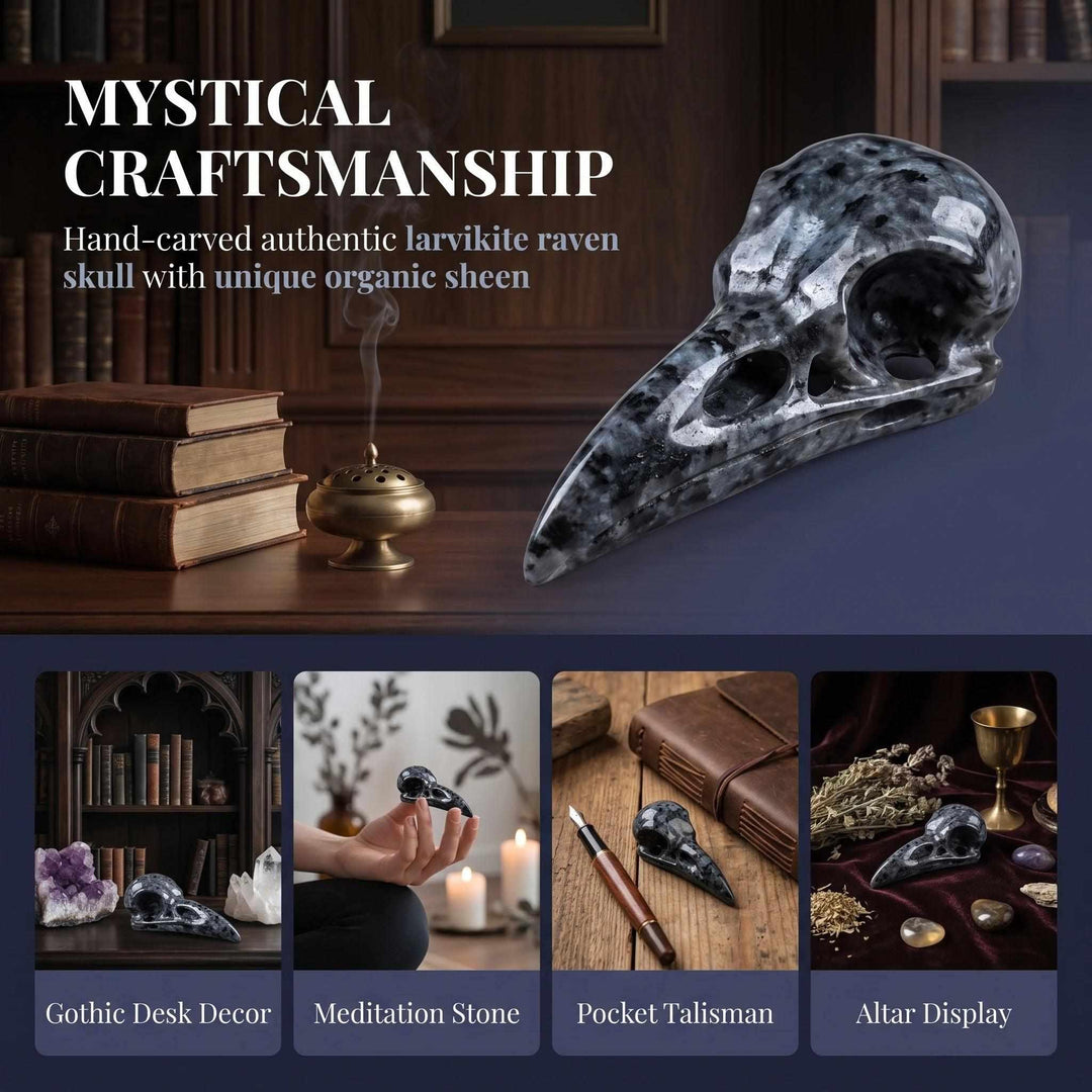 Hand-carved 100mm Larvikite raven skull with dark gray stone and shimmering blue flashes for grounding and intuition.