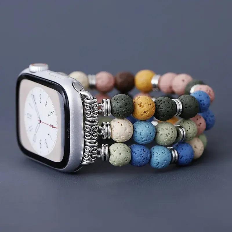 Bohemian Lava Stone Apple iWatch band with colorful porous beads and silver connectors, offering grounding energy and aromatherapy.