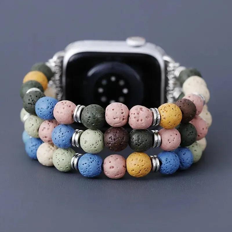 Bohemian Lava Stone Apple iWatch Band with colorful porous beads and stainless steel connectors, offering grounding energy.