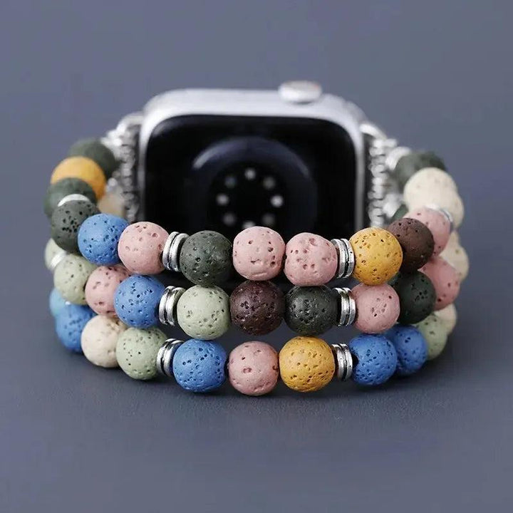 Bohemian Lava Stone Apple iWatch Band with colorful porous beads and stainless steel connectors, offering grounding energy.