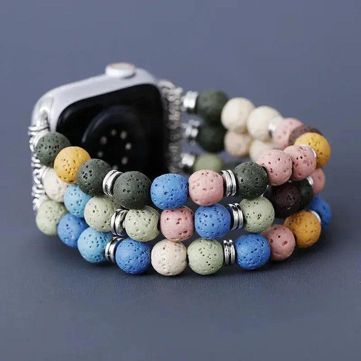 Colorful Lava Stone Apple iWatch Band with porous beads and silver connectors, offering grounding energy and aromatherapy.