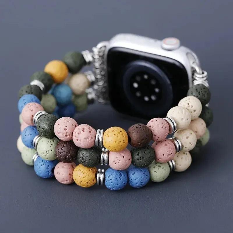 Multicolor Lava Stone Apple iWatch band with porous beads and stainless steel connectors, offering grounding energy and aromatherapy.