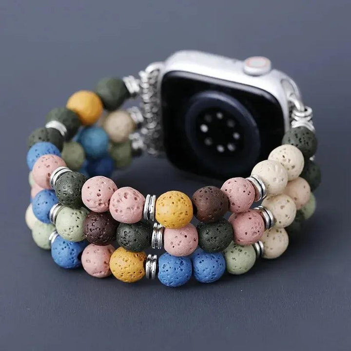 Multicolor Lava Stone Apple iWatch band with porous beads and stainless steel connectors, offering grounding energy and aromatherapy.